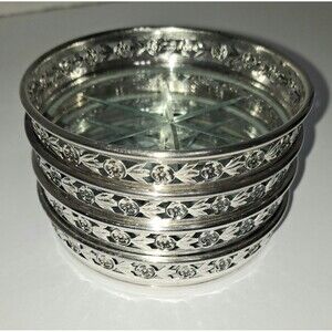 BIRKS Sterling Coasters Set Of 4 Starburst Glass Floral Pattern Rolled Edge